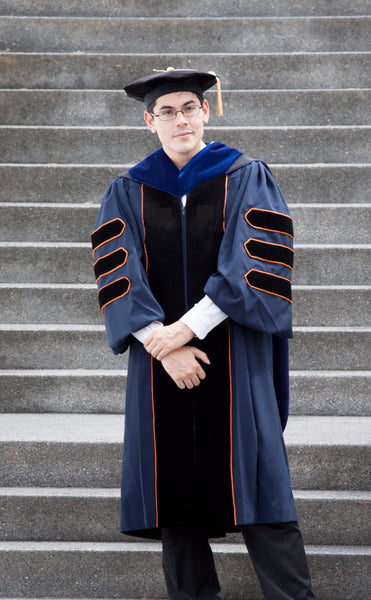 UVA blue and orange PhD graduation gown, hood, tam