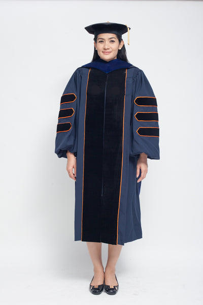 UVA blue and orange PhD graduation gown, hood, tam