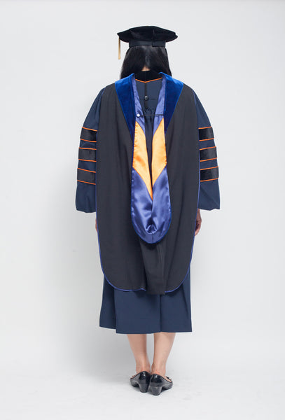 UVA blue and orange PhD graduation gown, hood, tam